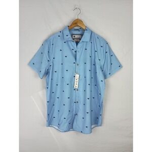 Tallwoods Mens Short Sleeve Size Large Blue Camp Shirt Mountain All Over Print